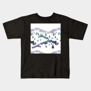 Winter snow  mountains landscape with spruce trees and deers silhouettes Kids T-Shirt